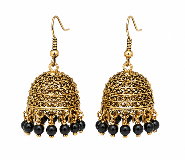 Traditional Gold-Tone Jhumka Earrings with Black Bead Drops
