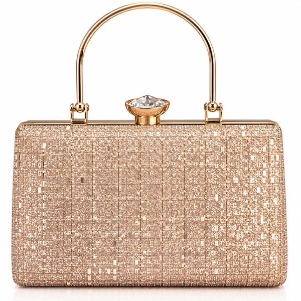 Women’s Premium Rose Gold Glitter Clutch with Crystal Lock & Elegant Handle | Stylish Party Handbag