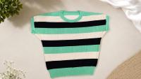 Women’s Green Striped Knitted Top | Half Sleeve Round Neck Casual T-Shirt