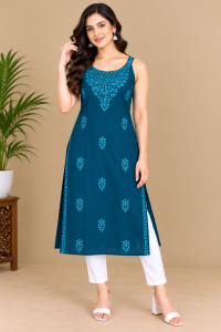 Women’s Teal Blue Embroidered Sleeveless Kurti | Floral Straight Ethnic Kurta