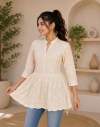 Women's Cream Embroidered Cotton Peplum Kurti Top