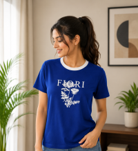 Women's Royal Blue Contrast Ringer T-Shirt – "FIORI" Floral Graphic Top