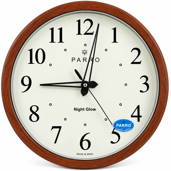 PARRO Night Glow Round Brown Wall Clock with Cream Dial – Analog Clock for Home & Office