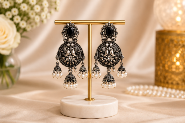 Black Oxidized Long Jhumka Earrings with Pearl Drops – Traditional Ethnic Design