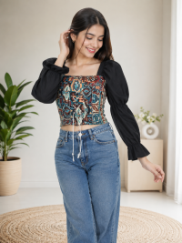 Women's Boho Printed Corset Crop Top with Front Lace-Up & Long Black Puff Sleeves