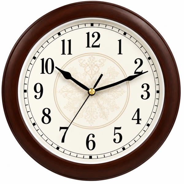 Classic Round Brown Wall Clock with Decorative Cream Dial