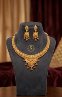 Traditional Gold-Plated Temple Necklace Set with Matching Earrings for Women