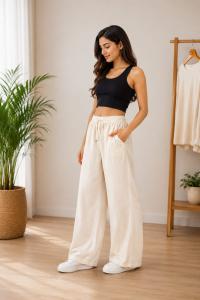 Women's Off-White/Beige Linen Cotton High-Waisted Wide Leg Trousers with Drawstring Elastic Waist