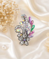 Dazzling Silver-Tone Crystal and Pastel Floral Asymmetrical Brooch Pin