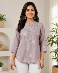 Women's Dusty Mauve Silk-Blend Short Kurti Top with Leaf Embroidery & Curved High-Low Hem