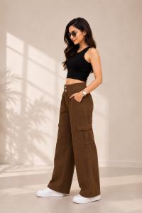 Women's Brown High-Waisted Wide Leg Cargo Pants with Multi-Button Waistband & Pockets