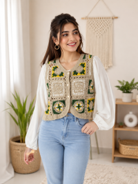 Women's Boho Crochet Patchwork Vest Top with White Balloon Sleeves & Front Buttons