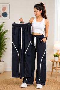 Women's Navy Blue Wide Leg Cargo Palazzo Pants | High Waist Solid Casual Cargo