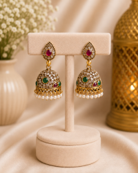 Royal Gold-Plated Kundan Meenakari Jhumka Earrings with Red Green Stones & Pearls