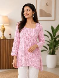 Women's Pink Printed Casual Top | Square Neck Full Sleeve Stylish Tunic Top for Women