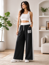 Women's Black Wide-Leg Athletic Sweatpants with Number Graphic & Side Stripes