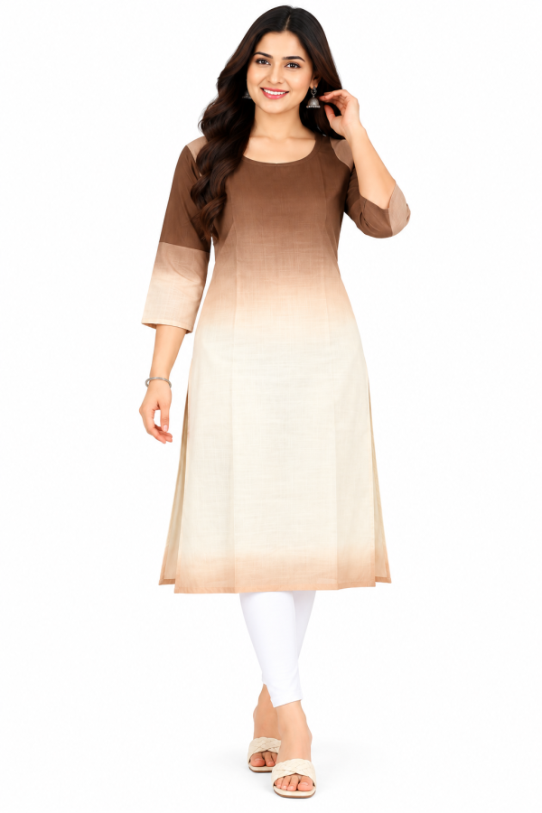 Women's Brown & Cream Ombre Straight Kurti | Stylish Round Neck Ethnic Wear Kurta