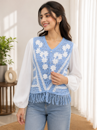Women's Sky Blue Floral Crochet Sleeveless Vest with Fringe Hem