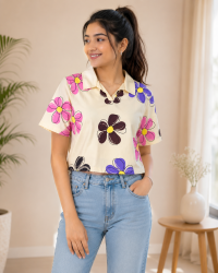 Women's Cream Floral Printed Short Sleeve Crop Shirt with Notch Collar
