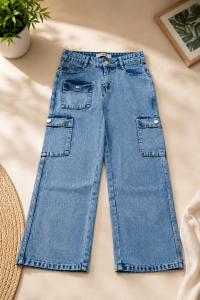 Women’s Light Blue Cargo Jeans | Multi-Pocket Wide Leg Denim Trousers
