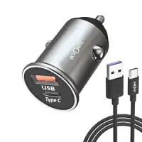 LA' FORTE Compact Mini Metal Dual Port Ultra Fast Car Charger,QCPD (QC- 3.0 & PD-30 W) with Fast Charging USB A to Type C Cable,Grey