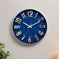 Premium Blue Designer Wall Clock | Modern 3D Silver Numeral Quartz Wall Clock for Home & Office