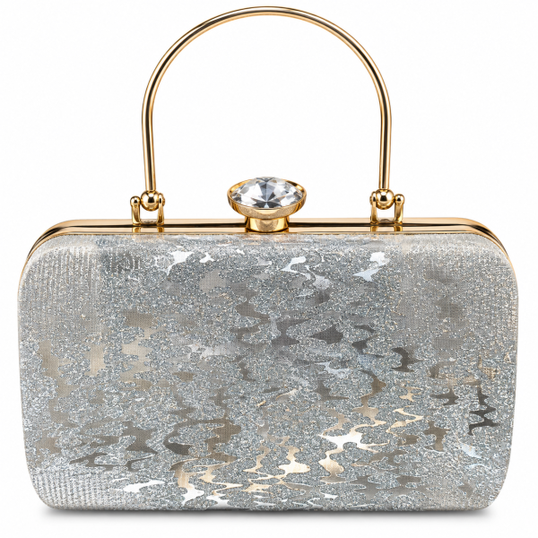 Women’s Premium Silver Glitter Clutch Bag with Crystal Lock & Gold Handle | Stylish Party Handbag