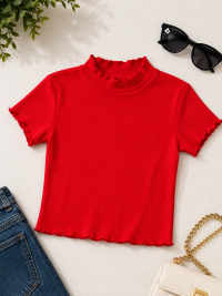 Women's Red Ribbed Mock Neck Crop Top | Half Sleeve Slim Fit Casual T-Shirt