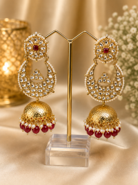 Red Kundan Jhumka Earrings with Pearl Border