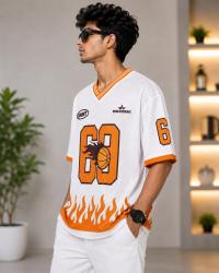 Men's White Basketball Jersey Style Oversized T-Shirt | Flame Print V-Neck Sports Tee