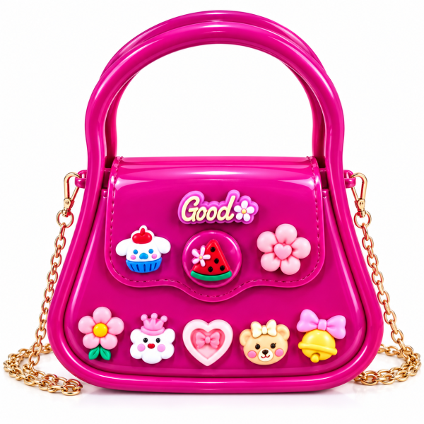 Cute Hot Pink Girls Handbag with Gold Chain & Cartoon Charms