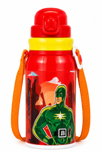 Kids Superhero Water Bottle with Carry Strap | Leakproof Flip-Top | BPA-Free Plastic | 600 ml | Red & Yellow