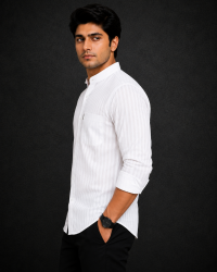 Men’s White Vertical Striped Mandarin Collar Full Sleeve Shirt