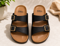 PCW Elite Men's Black Double Buckle Comfort Slides | Soft Cushioned Casual Slip-On Sandals