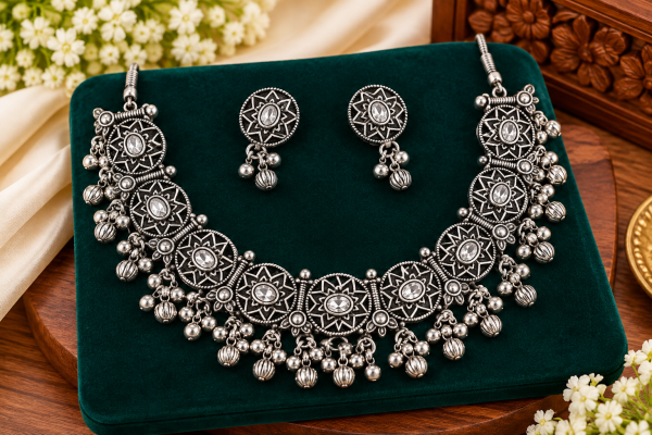 Women’s Oxidised Silver Ethnic Necklace Set with Matching Earrings