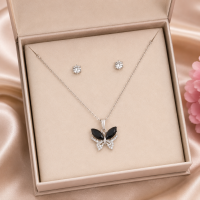 Elegant Butterfly Pendant Necklace Set with Stud Earrings for Women