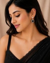 Elegant Black Stone Drop Earrings for Women | Silver-Plated Crystal Dangle Earrings | Party & Daily Wear