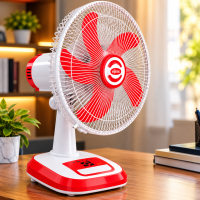 Vijeta Rechargeable Table Fan with LED Display – Red & White