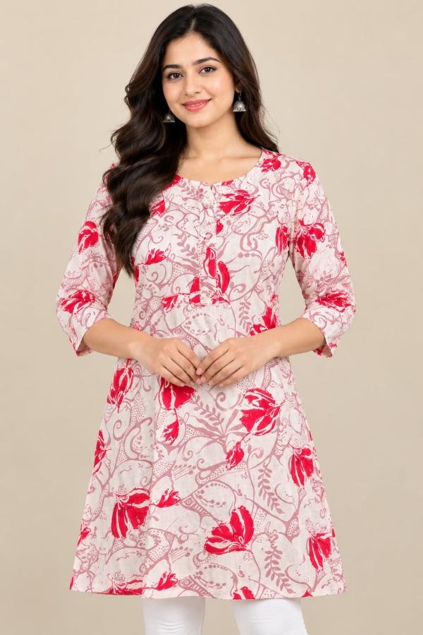 Women’s Off-White Floral Printed Short Kurti with Front Placket Size - XL