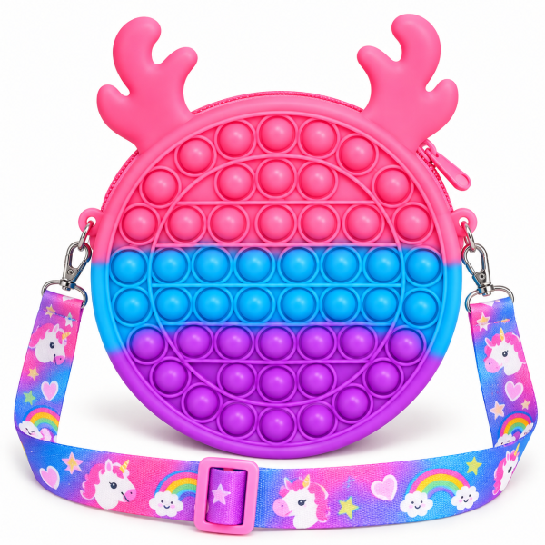 Kids Pop It Wallet Bag with Cute Reindeer Design | Rainbow Silicone Crossbody Bag