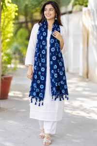 Indigo Blue Floral Floral Block Print Cotton Scarf / Dupatta with Tassels
