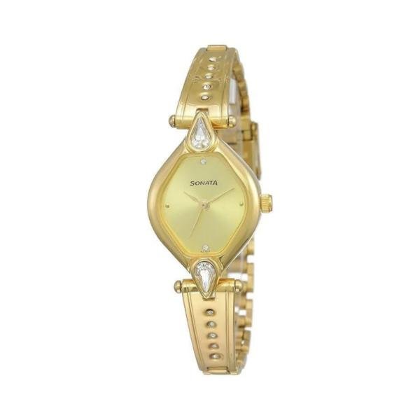Sonata Quartz Analog Champagne Dial Gold Stainless Steel Strap Watch for Women - NT8063YM02