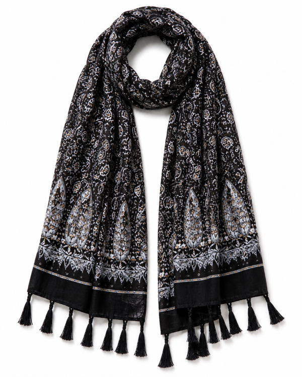 Monochrome Black Printed Paisley Cotton Scarf with Tassels