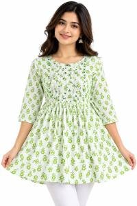 Women’s Green Floral Printed Cotton A-Line Kurti Dress Size - XXL