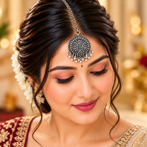 Antique Oxidized Silver Floral Maang Tikka with Hanging Beads for Women