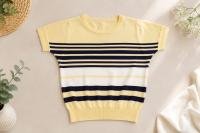Girls Yellow & Navy Blue Striped Knitted Top | Half Sleeve Casual Sweater