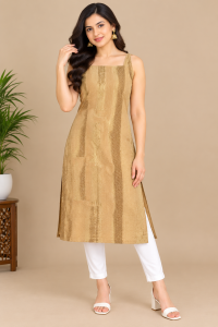 Women’s Golden Beige Printed Sleeveless Kurti | Ethnic Straight Kurta