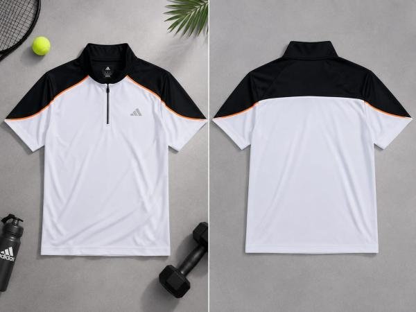 Men's White & Black Sports T-Shirt | Quick-Dry Half Sleeve Performance Zip Collar T-Shirt