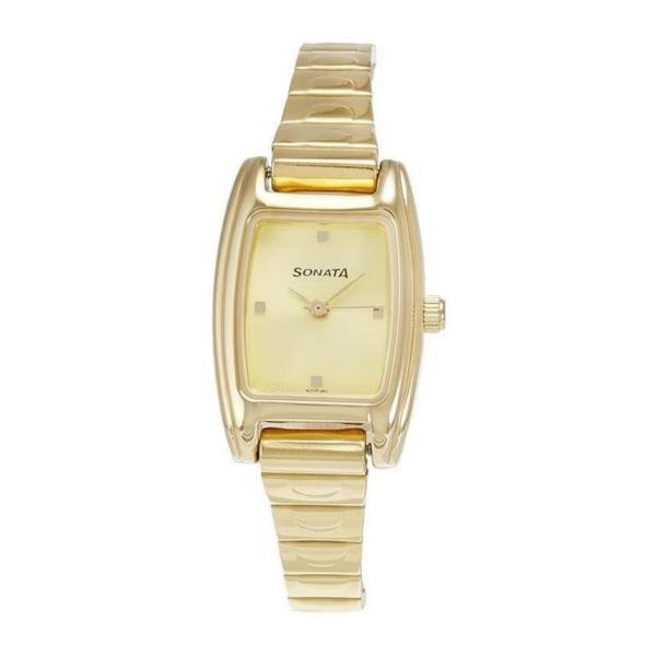 Sonata Quartz Analog Champagne Dial Gold Stainless Steel Strap Watch for Women - NT8103YM01