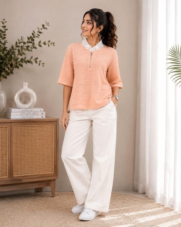 Peach Textured Half-Sleeve Top with Lace Collar